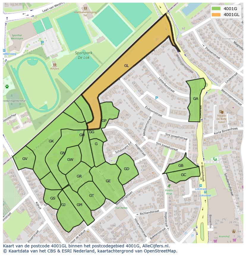 Afbeelding van het postcodegebied 4001 GL op de kaart.