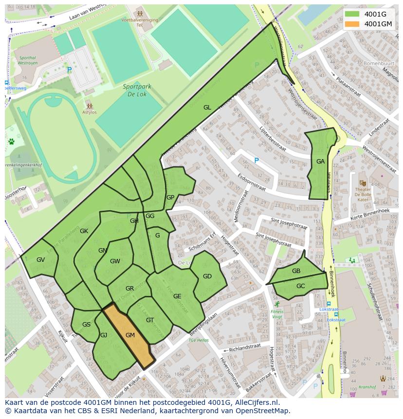 Afbeelding van het postcodegebied 4001 GM op de kaart.