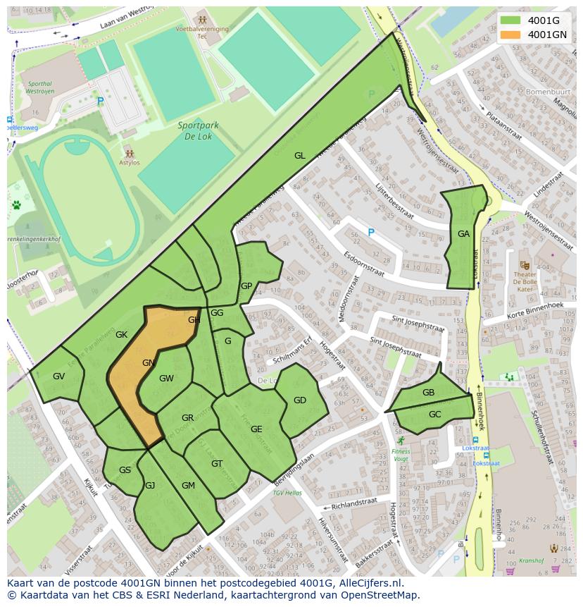 Afbeelding van het postcodegebied 4001 GN op de kaart.