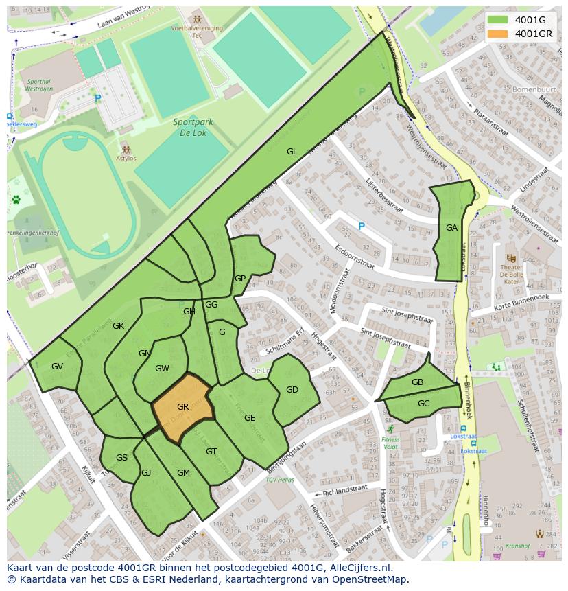 Afbeelding van het postcodegebied 4001 GR op de kaart.