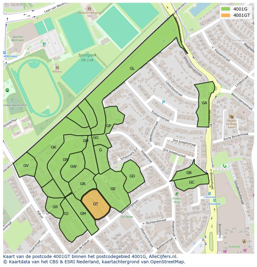Afbeelding van het postcodegebied 4001 GT op de kaart.