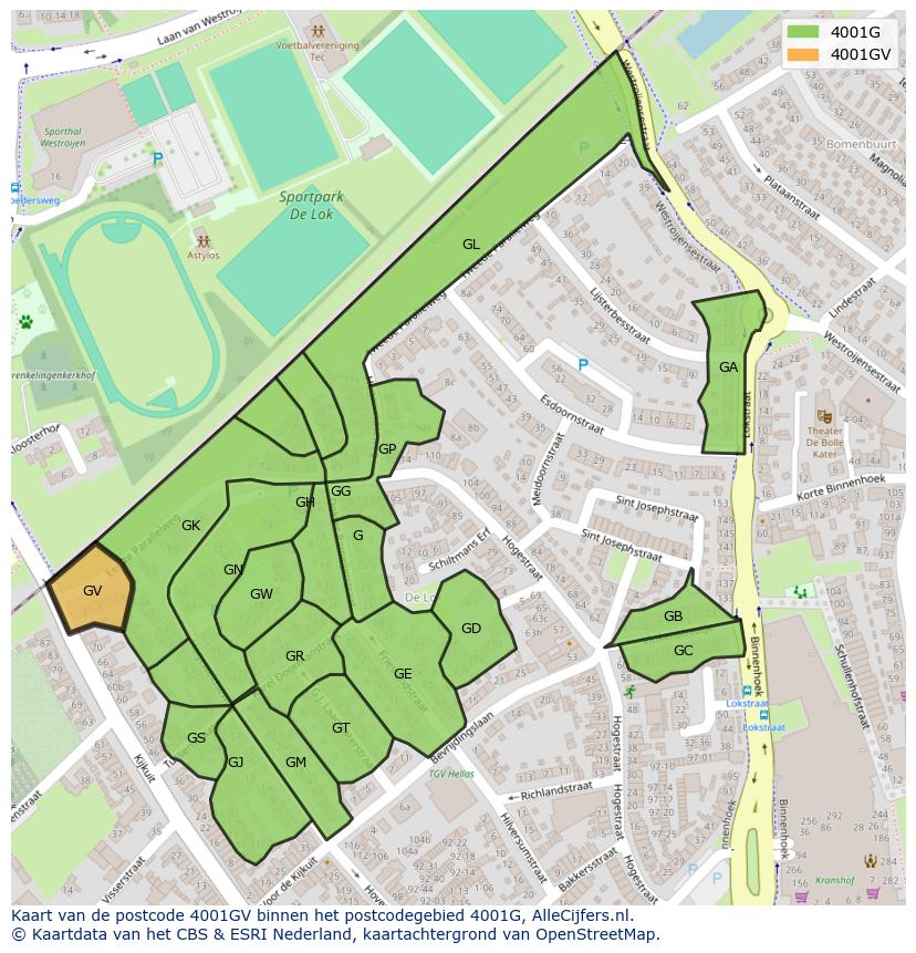 Afbeelding van het postcodegebied 4001 GV op de kaart.