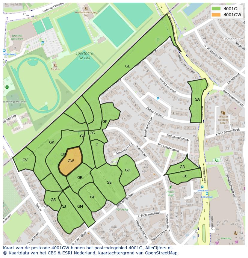 Afbeelding van het postcodegebied 4001 GW op de kaart.