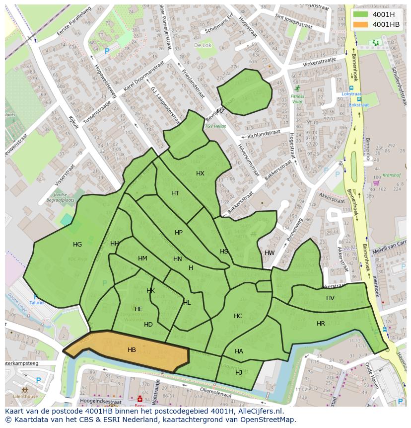 Afbeelding van het postcodegebied 4001 HB op de kaart.