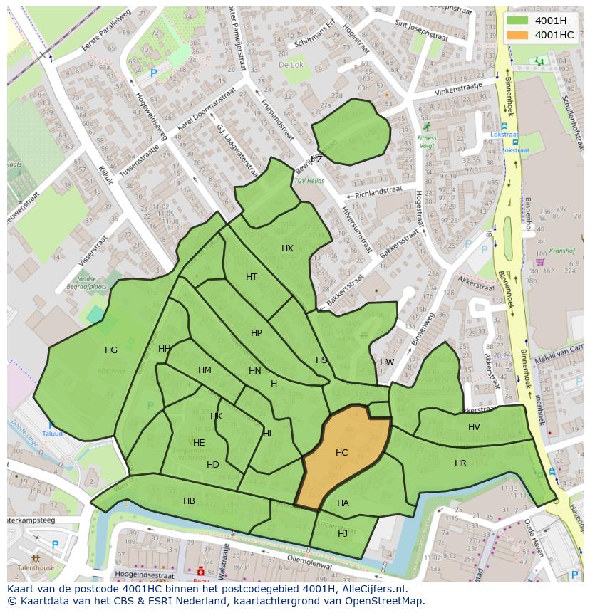 Afbeelding van het postcodegebied 4001 HC op de kaart.