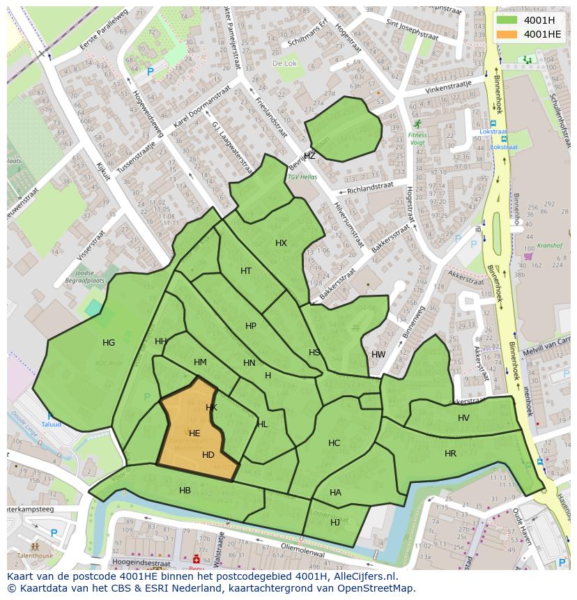 Afbeelding van het postcodegebied 4001 HE op de kaart.