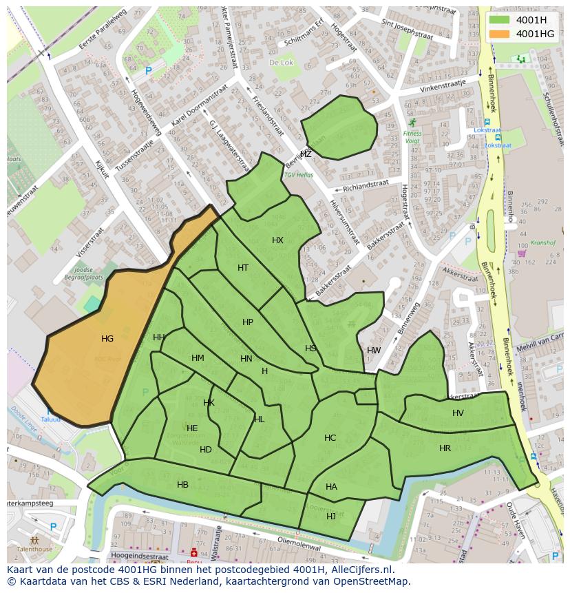 Afbeelding van het postcodegebied 4001 HG op de kaart.