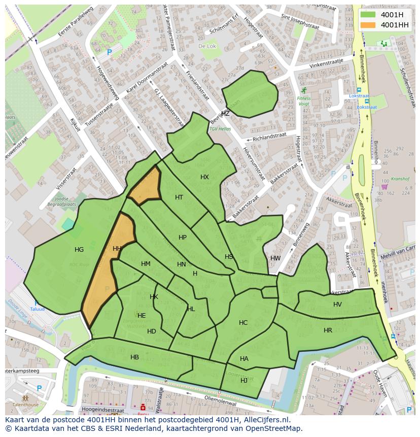 Afbeelding van het postcodegebied 4001 HH op de kaart.