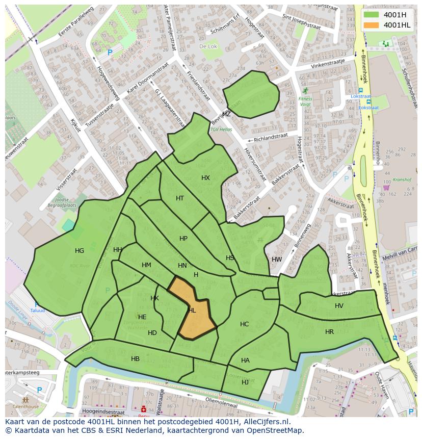 Afbeelding van het postcodegebied 4001 HL op de kaart.