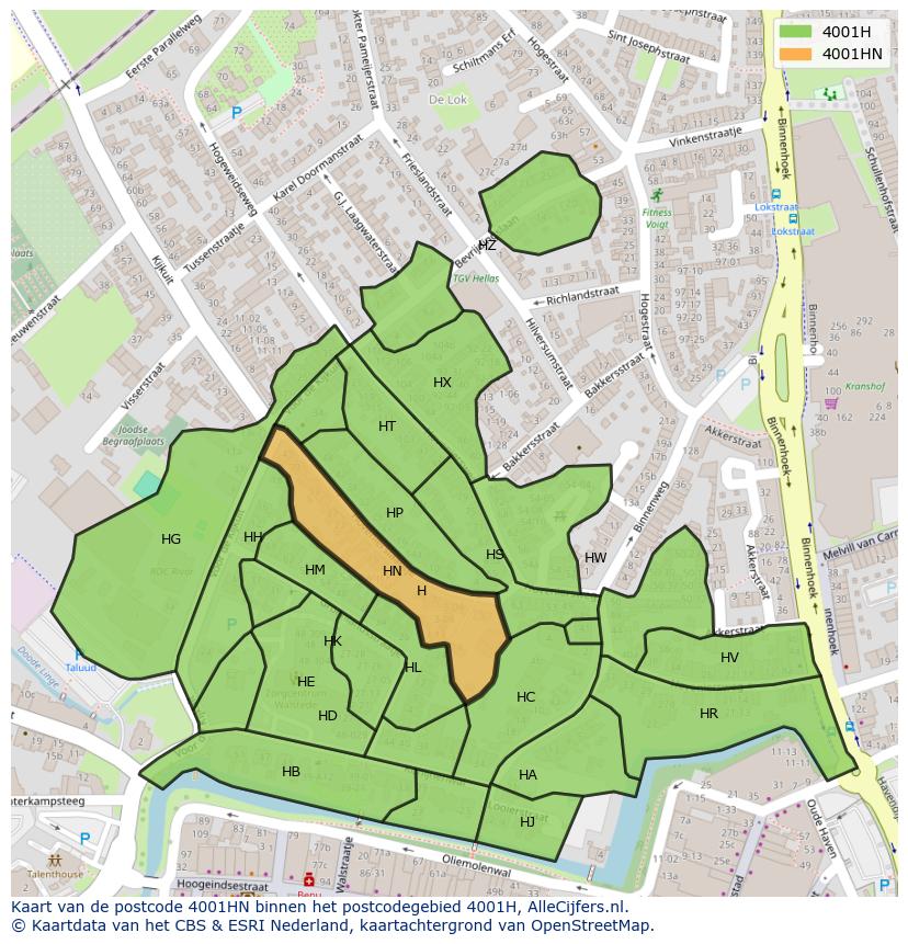 Afbeelding van het postcodegebied 4001 HN op de kaart.