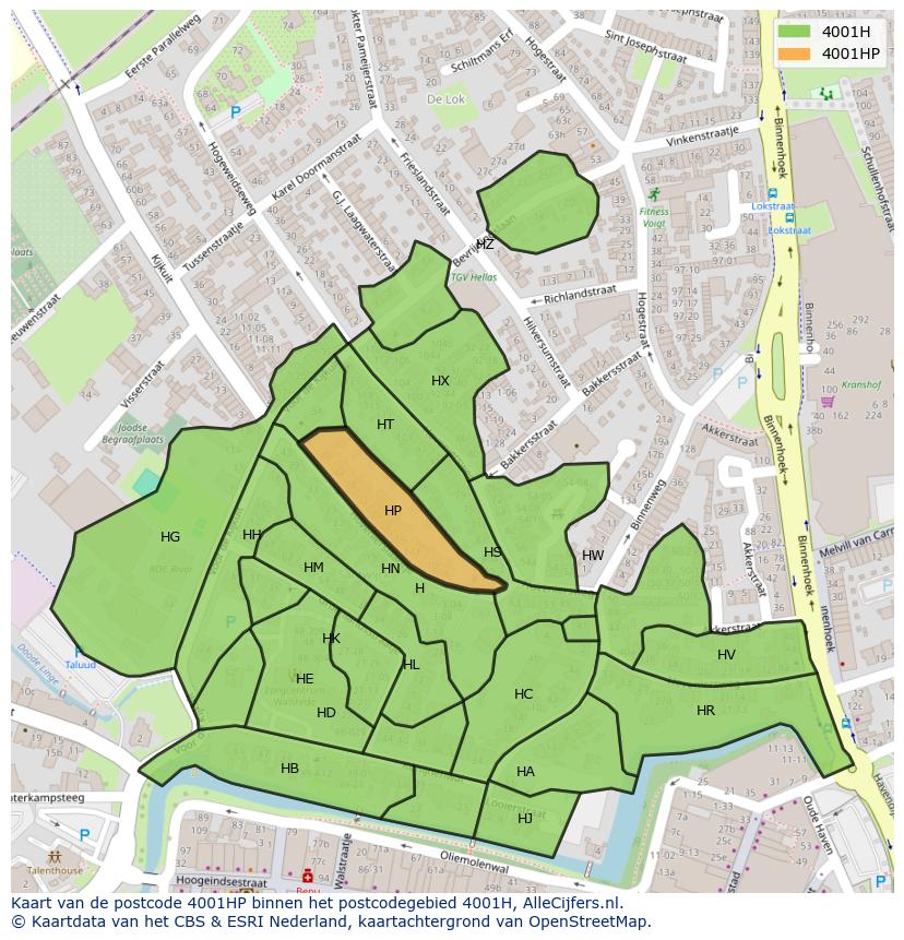 Afbeelding van het postcodegebied 4001 HP op de kaart.