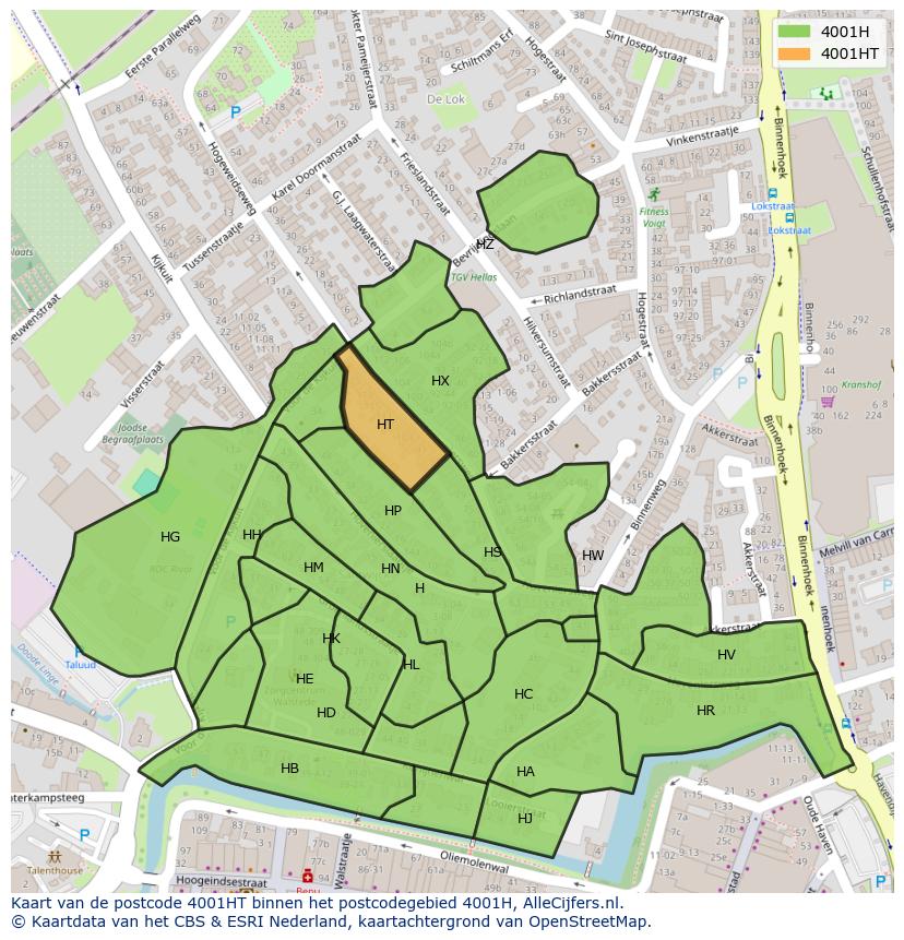 Afbeelding van het postcodegebied 4001 HT op de kaart.