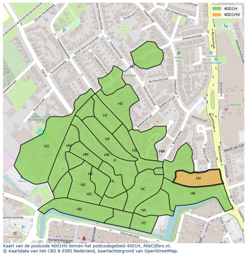 Afbeelding van het postcodegebied 4001 HV op de kaart.