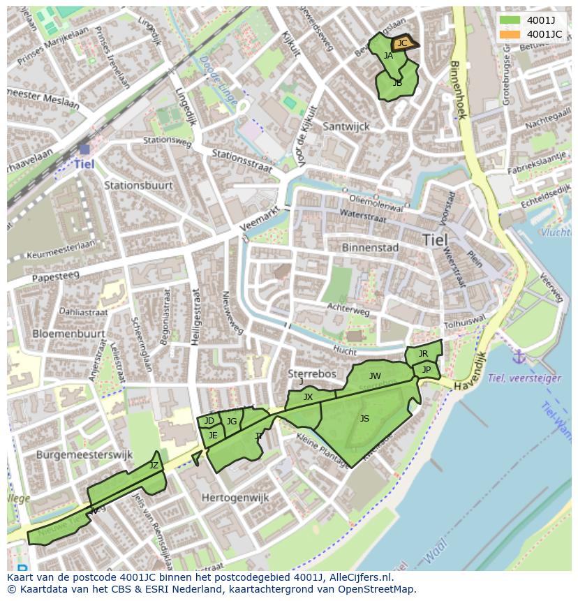 Afbeelding van het postcodegebied 4001 JC op de kaart.