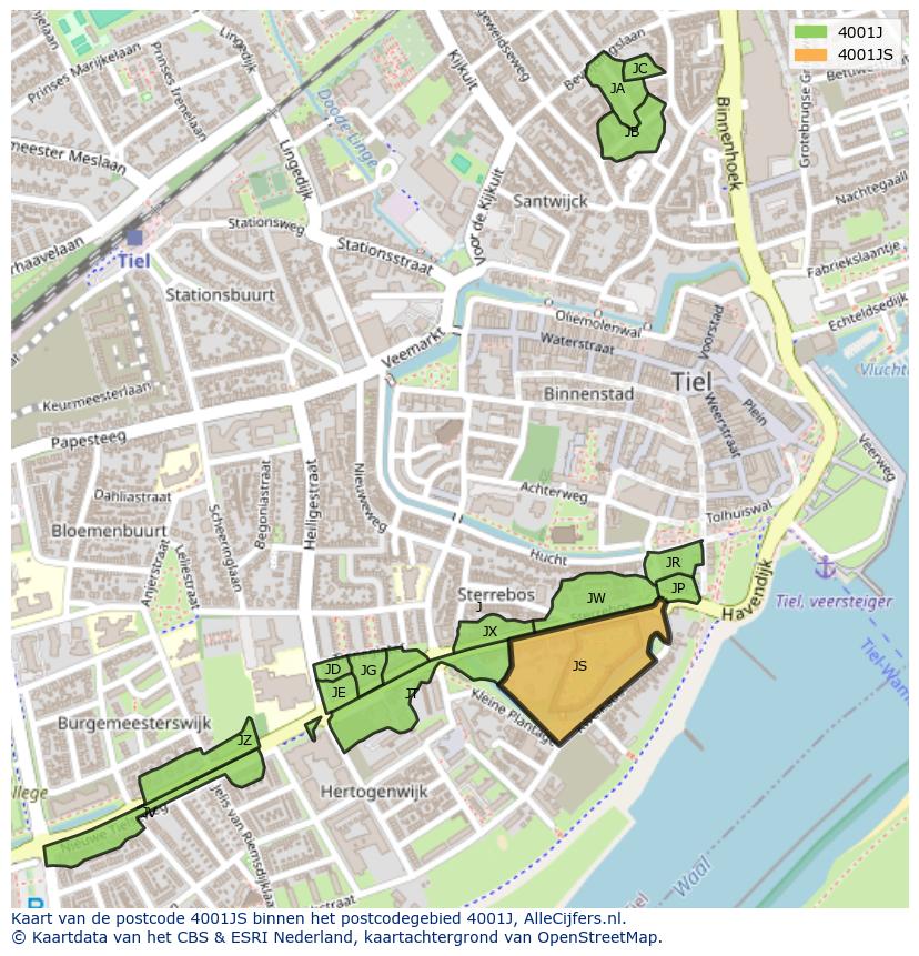 Afbeelding van het postcodegebied 4001 JS op de kaart.