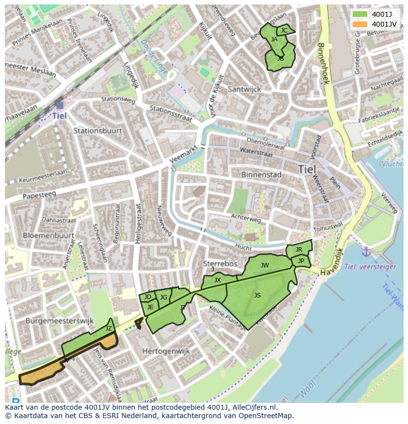 Afbeelding van het postcodegebied 4001 JV op de kaart.