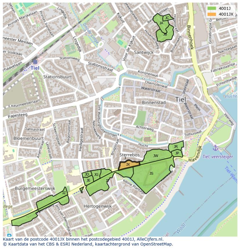 Afbeelding van het postcodegebied 4001 JX op de kaart.