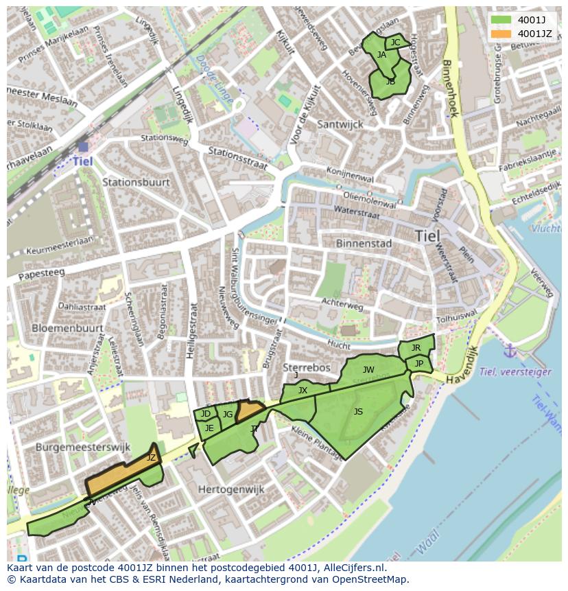 Afbeelding van het postcodegebied 4001 JZ op de kaart.
