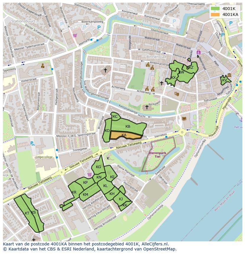 Afbeelding van het postcodegebied 4001 KA op de kaart.