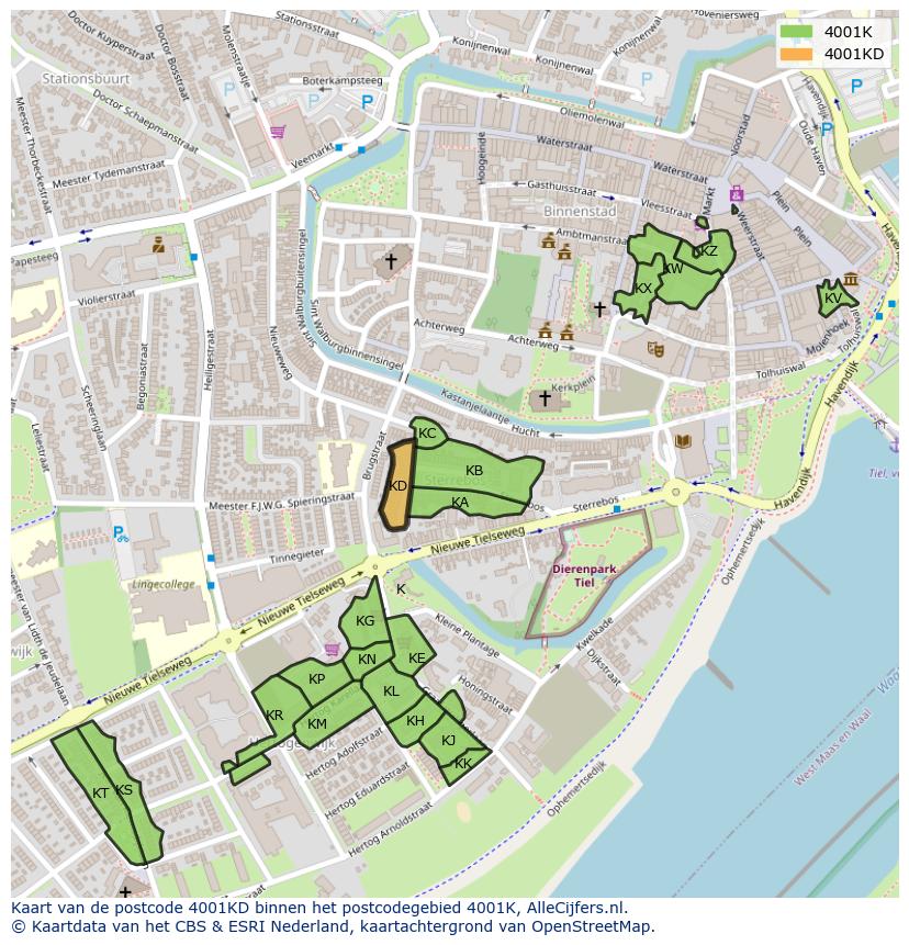 Afbeelding van het postcodegebied 4001 KD op de kaart.