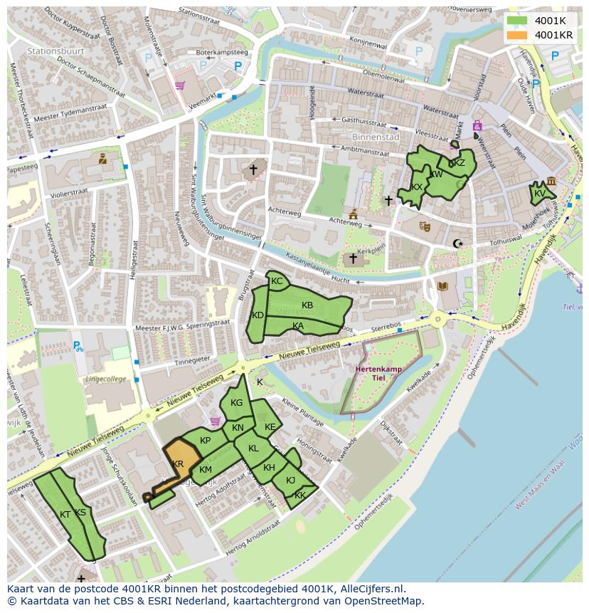 Afbeelding van het postcodegebied 4001 KR op de kaart.