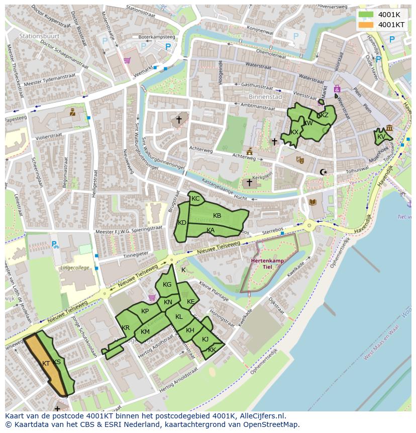 Afbeelding van het postcodegebied 4001 KT op de kaart.