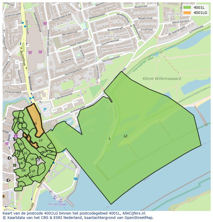 Afbeelding van het postcodegebied 4001 LG op de kaart.