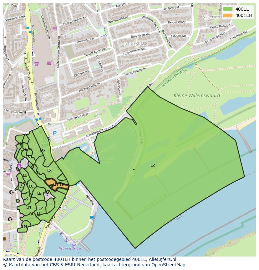 Afbeelding van het postcodegebied 4001 LH op de kaart.