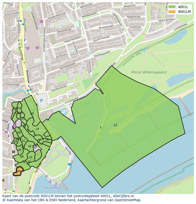 Afbeelding van het postcodegebied 4001 LM op de kaart.