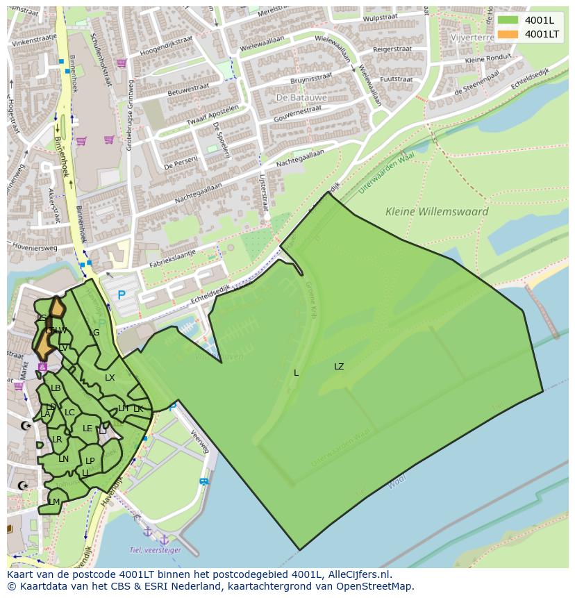 Afbeelding van het postcodegebied 4001 LT op de kaart.