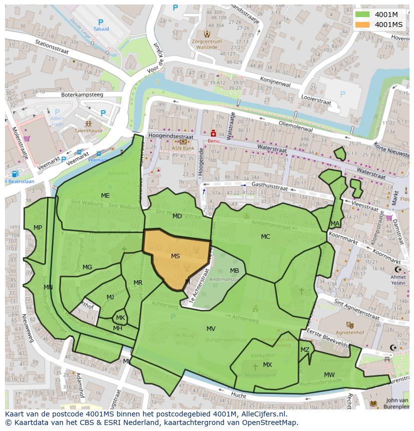 Afbeelding van het postcodegebied 4001 MS op de kaart.