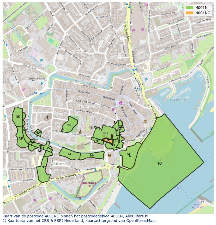 Afbeelding van het postcodegebied 4001 NC op de kaart.