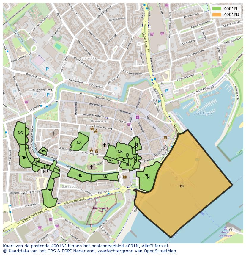 Afbeelding van het postcodegebied 4001 NJ op de kaart.