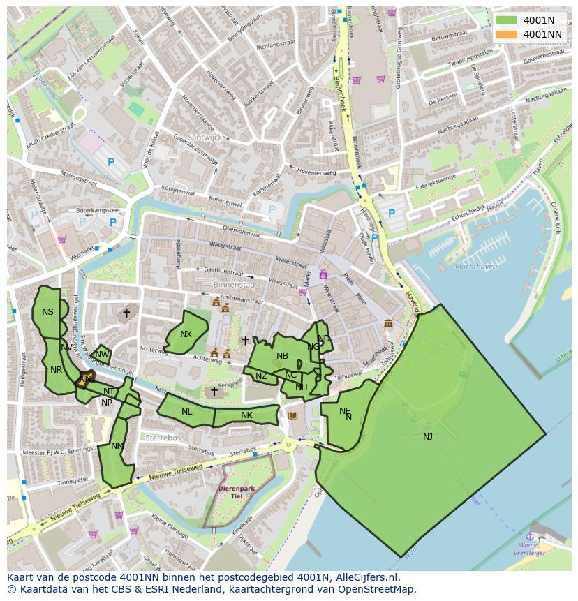 Afbeelding van het postcodegebied 4001 NN op de kaart.
