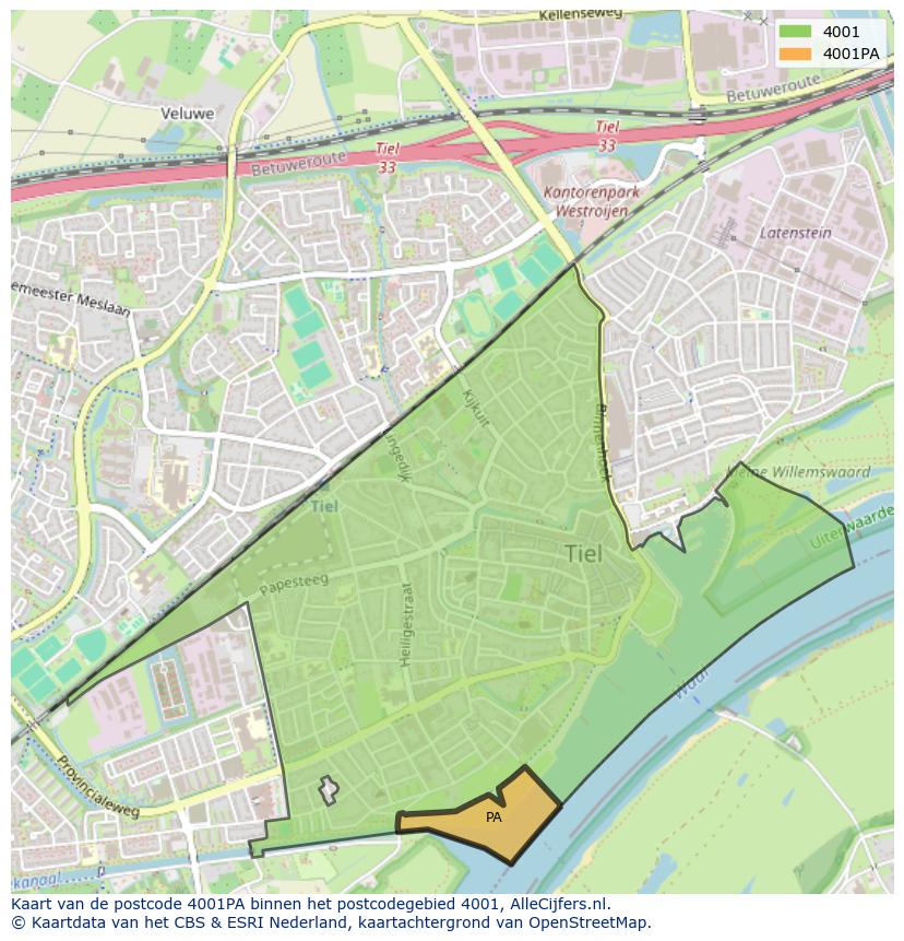 Afbeelding van het postcodegebied 4001 PA op de kaart.