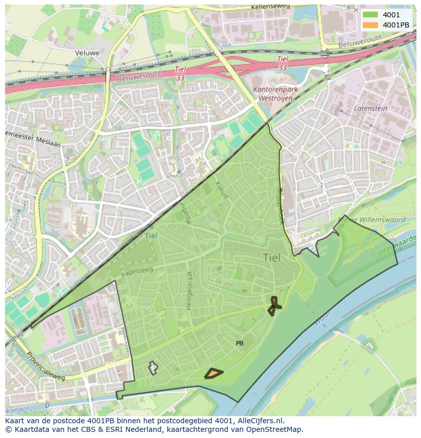 Afbeelding van het postcodegebied 4001 PB op de kaart.