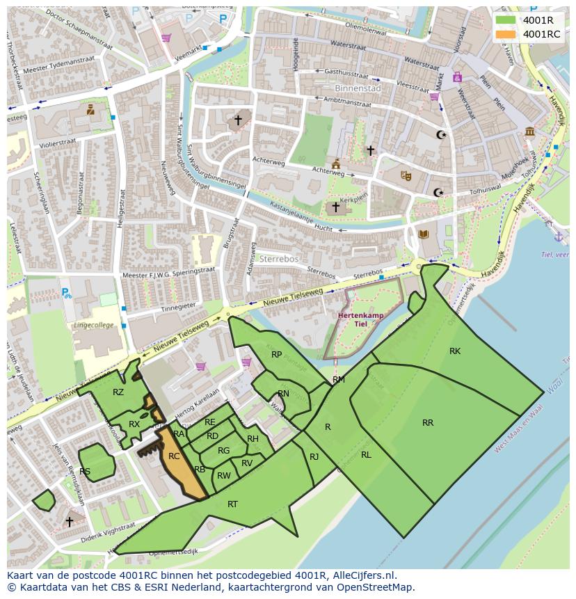 Afbeelding van het postcodegebied 4001 RC op de kaart.