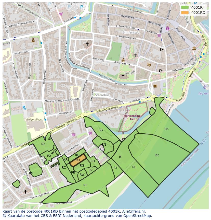 Afbeelding van het postcodegebied 4001 RD op de kaart.