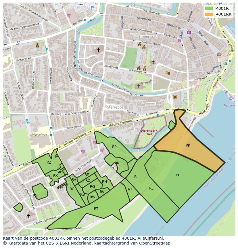 Afbeelding van het postcodegebied 4001 RK op de kaart.