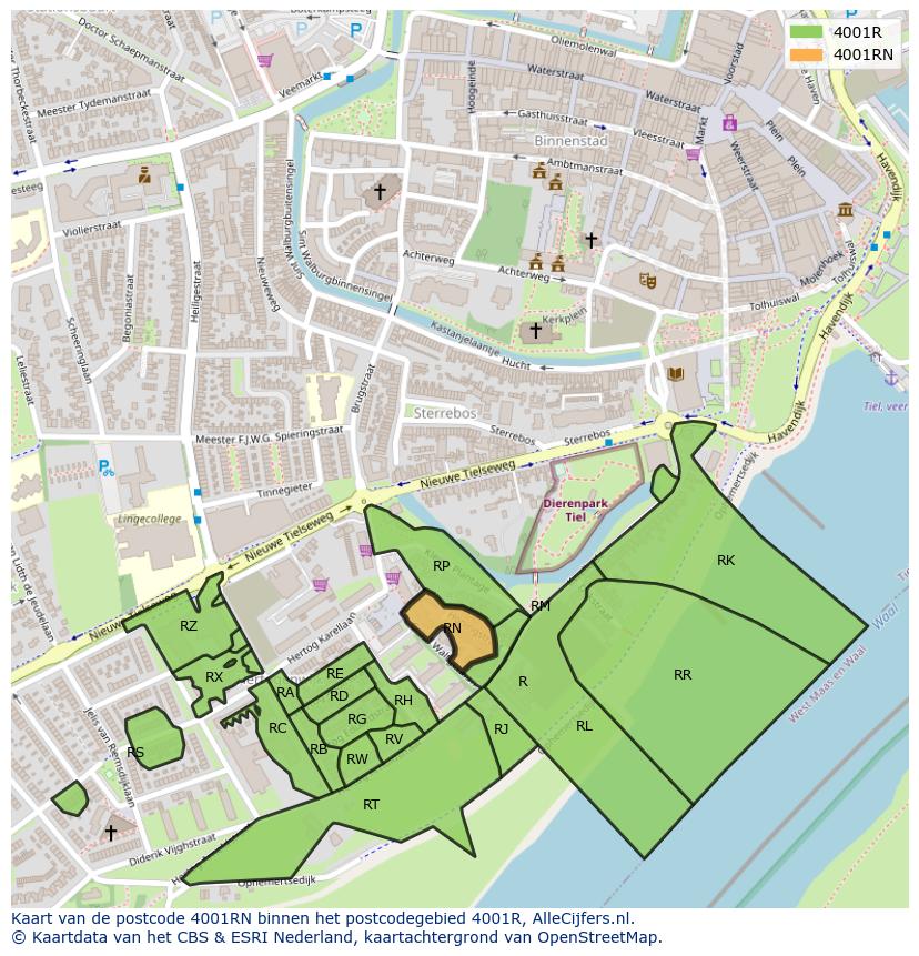Afbeelding van het postcodegebied 4001 RN op de kaart.