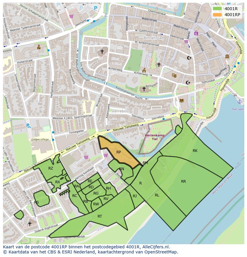 Afbeelding van het postcodegebied 4001 RP op de kaart.