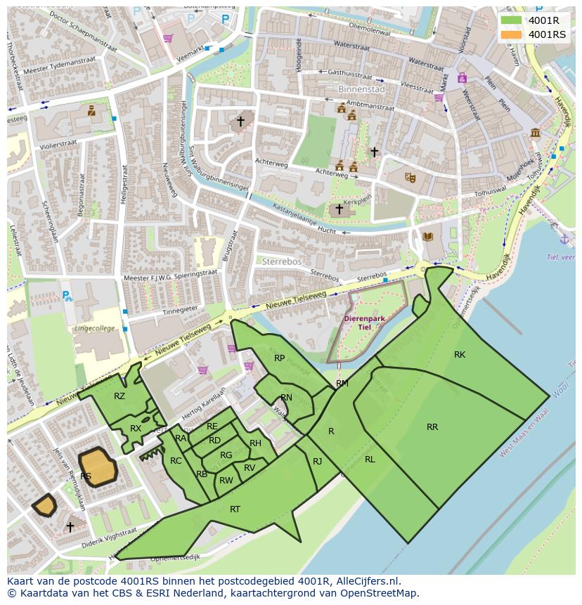 Afbeelding van het postcodegebied 4001 RS op de kaart.
