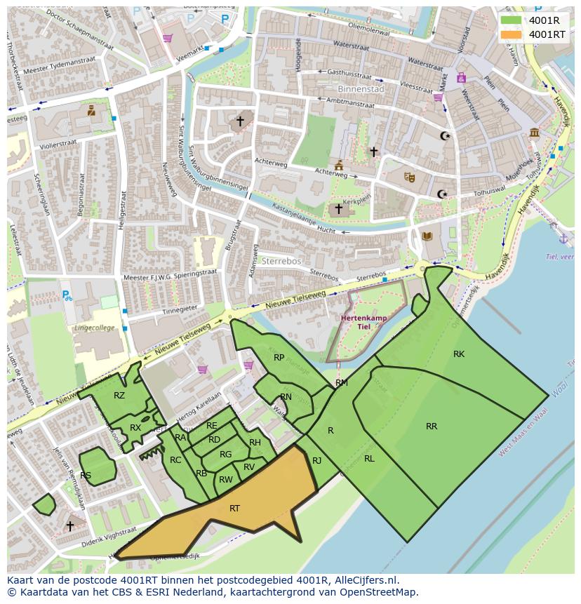 Afbeelding van het postcodegebied 4001 RT op de kaart.