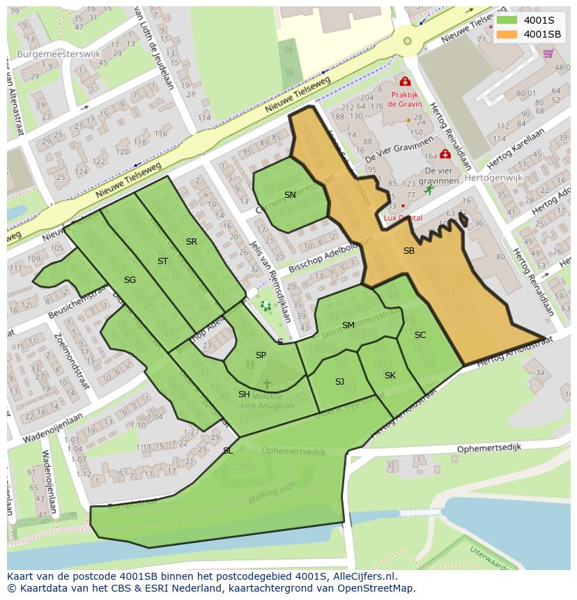 Afbeelding van het postcodegebied 4001 SB op de kaart.