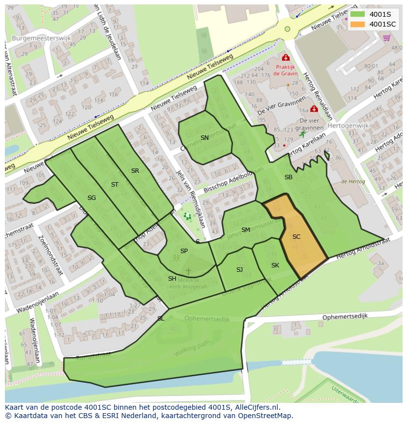 Afbeelding van het postcodegebied 4001 SC op de kaart.