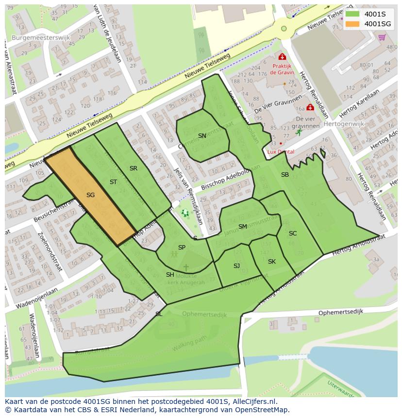 Afbeelding van het postcodegebied 4001 SG op de kaart.