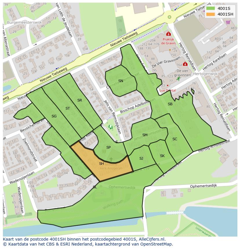 Afbeelding van het postcodegebied 4001 SH op de kaart.
