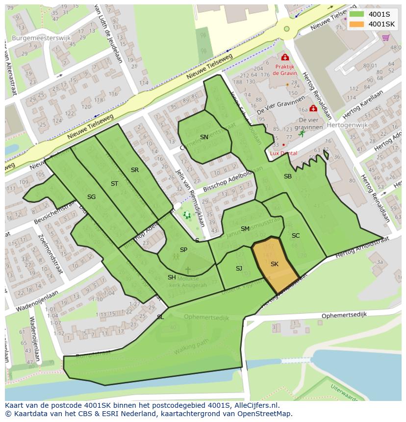 Afbeelding van het postcodegebied 4001 SK op de kaart.