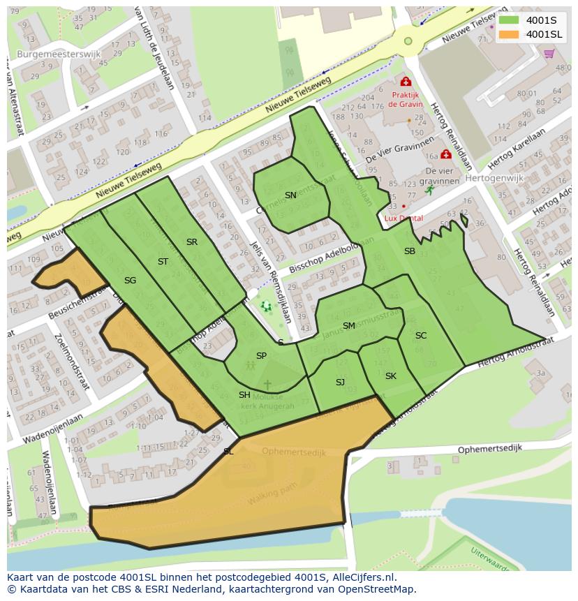 Afbeelding van het postcodegebied 4001 SL op de kaart.