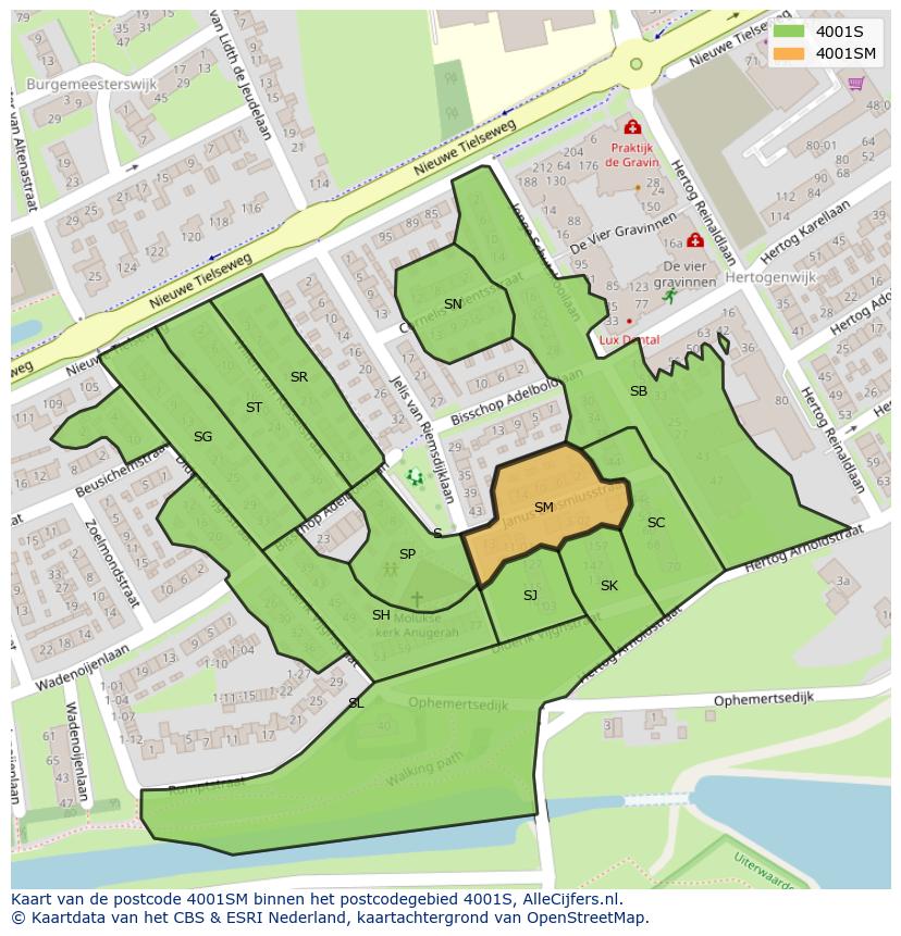 Afbeelding van het postcodegebied 4001 SM op de kaart.